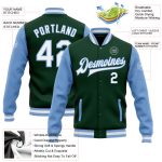 Custom Two-Tone Bomber Jacket with Varsity Letterman Style - Personalized Green White and Light Blue with Custom Name & Number