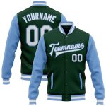 Custom Two-Tone Bomber Jacket with Varsity Letterman Style - Personalized Green White and Light Blue with Custom Name & Number