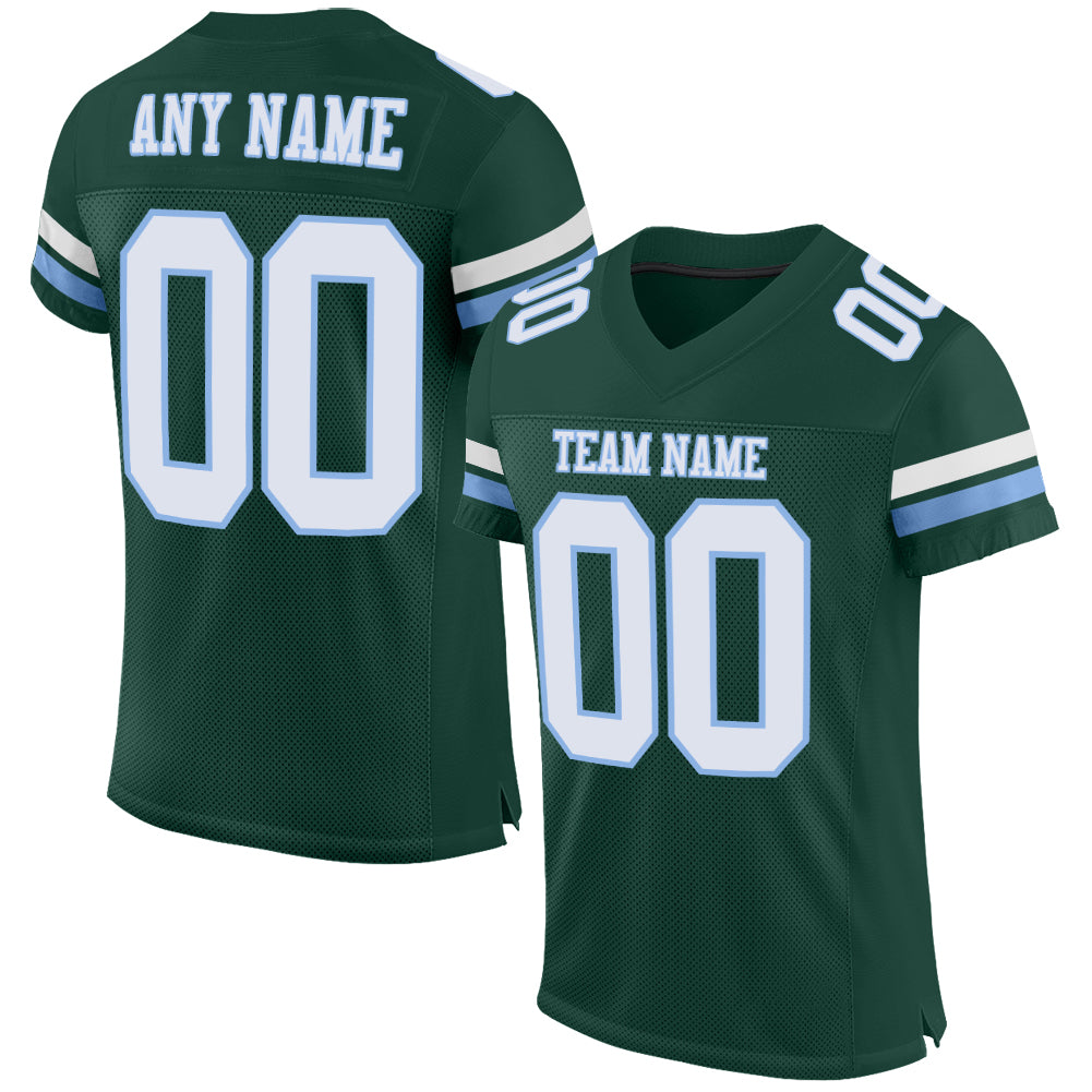 Custom Green White-Light Blue Mesh Football Jersey with Personalized Name and Number - Authentic Team Gear Personalized Green