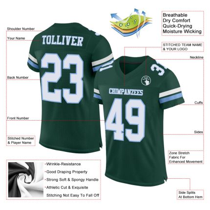 Custom Green White-Light Blue Mesh Football Jersey with Personalized Name and Number - Authentic Team Gear Personalized Green