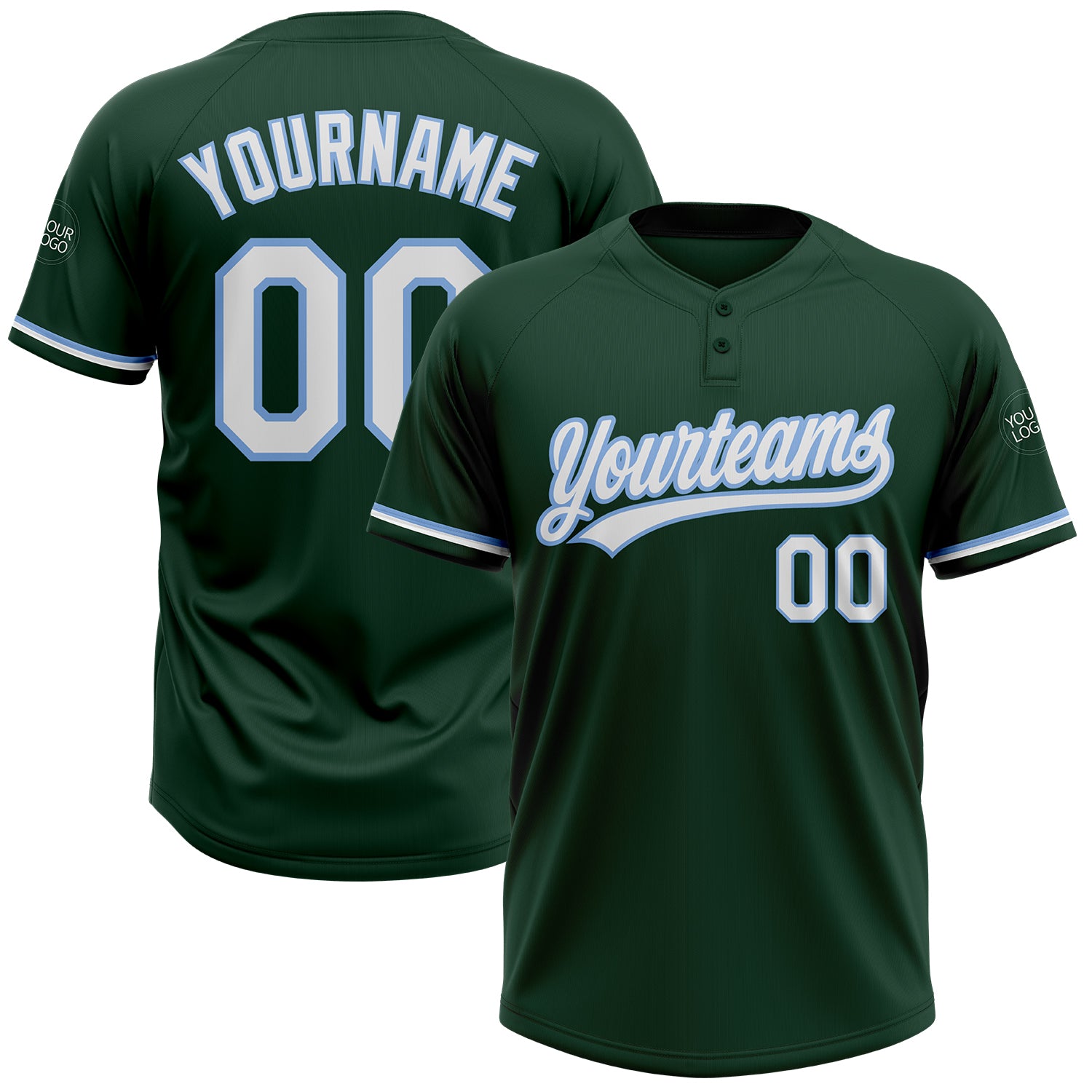 Custom Name and Number Unisex Softball Jersey - Personalized Green White Light Blue Two-Button Design Personalized Green