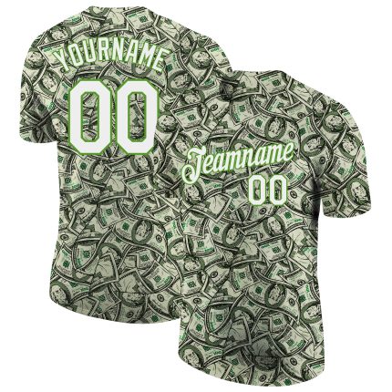 Custom Dollar Performance T-Shirt with Personalized Name & Number in Green White-Neon Green 3D Pattern Design Personalized
