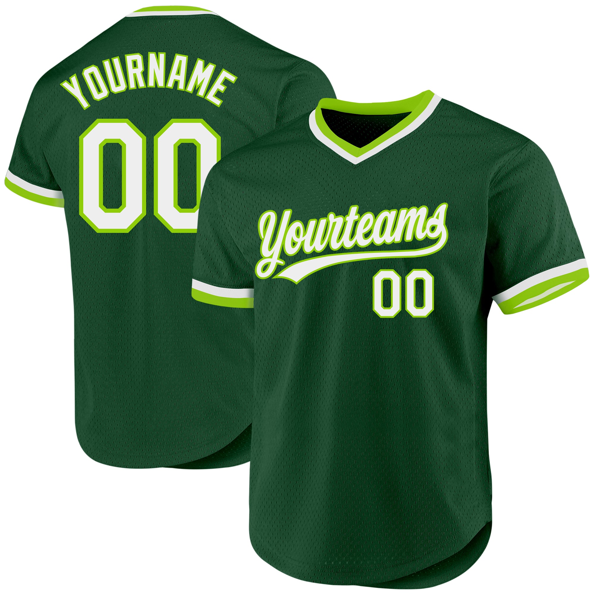 Customizable Authentic Throwback Baseball Jersey - Personalized Green and White Neon Green with Team Name and Number Personalized