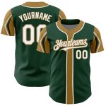 Custom green, white and old gold baseball jersey