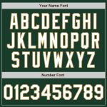 Custom green, white and old gold baseball jersey, close-up of the collar