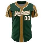 Custom green, white and old gold baseball jersey, detail of the printed panel