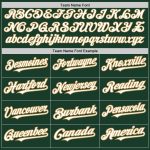 Custom green, white and old gold baseball jersey, flat lay