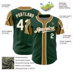 Custom green, white and old gold baseball jersey, side view