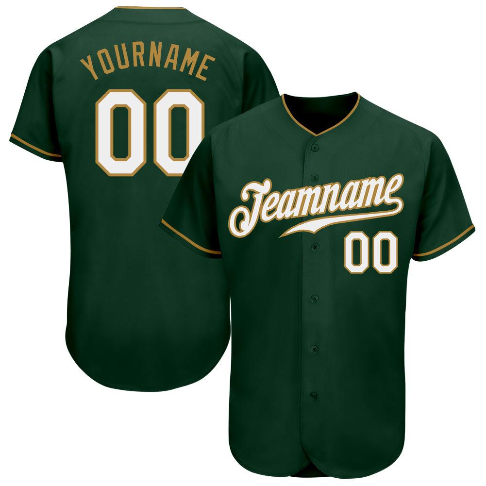 Custom Name and Number Personalized Baseball Jersey in Green, White, and Old Gold - Authentic Team Apparel Personalized Green