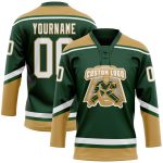 Custom Name and Number Hockey Jersey - Personalized Green, White, and Old Gold Lace Neck Team Apparel Personalized Green
