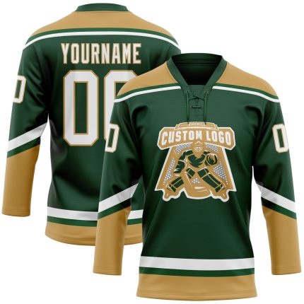 Custom Name and Number Hockey Jersey - Personalized Green, White, and Old Gold Lace Neck Team Apparel Personalized Green