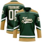 Custom Name and Number Hockey Jersey - Personalized Green, White, and Old Gold Lace Neck Team Apparel Personalized Green
