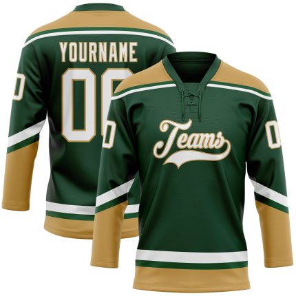 Custom Name and Number Hockey Jersey - Personalized Green, White, and Old Gold Lace Neck Team Apparel Personalized Green