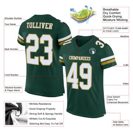 Custom Personalized Football Jersey - Green White Old Gold Mesh with Custom Name & Number Personalized Green White-Old Gold