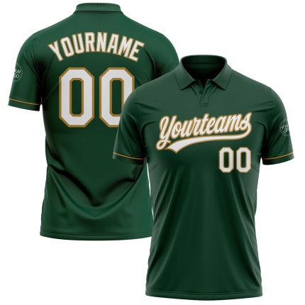 Custom Performance Vapor Golf Polo Shirt with Personalized Green and White-Old Gold Team Name and Number Personalized Green