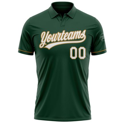 Custom Performance Vapor Golf Polo Shirt with Personalized Green and White-Old Gold Team Name and Number Personalized Green