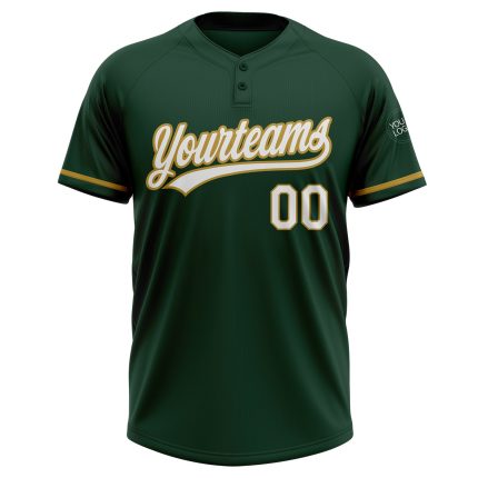 Custom Name Number Two-Button Unisex Softball Jersey - Personalized Green White Old Gold Team Apparel Personalized Green