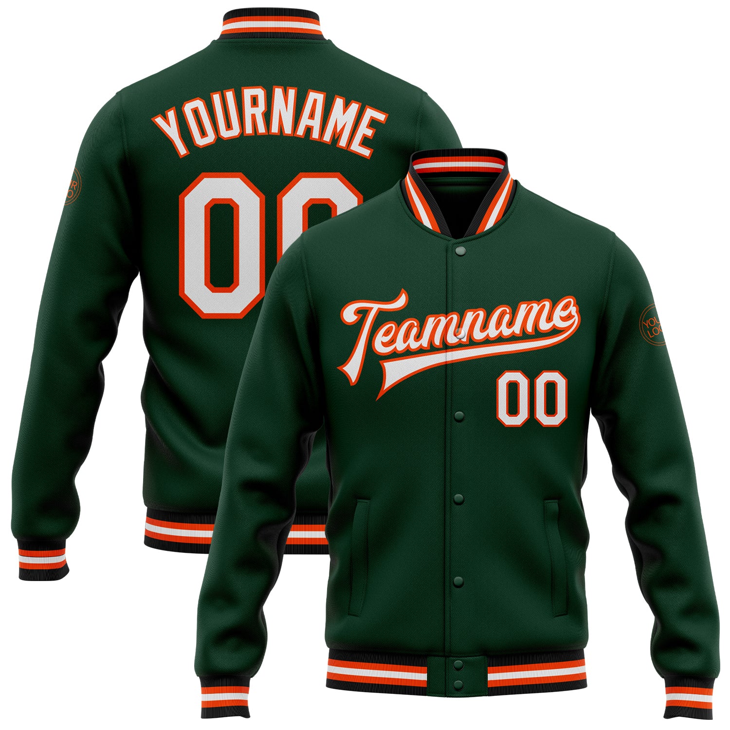 Custom Team Bomber Jacket with Personalized Name and Number - Green White Orange Black Full-Snap Varsity Letterman Personalized