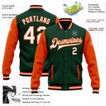 Custom Varsity Letterman Bomber Jacket for Teams - Personalized Two Tone Green White Orange Black with Name and Number Personalized