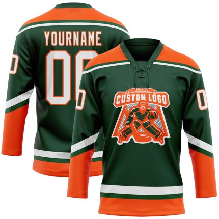 Custom Name and Number Personalized Green White-Orange Hockey Jersey Lace Neck Team Personalized Green White-Orange Hockey