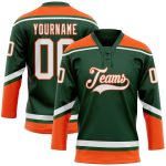 Custom Name and Number Personalized Green White-Orange Hockey Jersey Lace Neck Team Personalized Green White-Orange Hockey