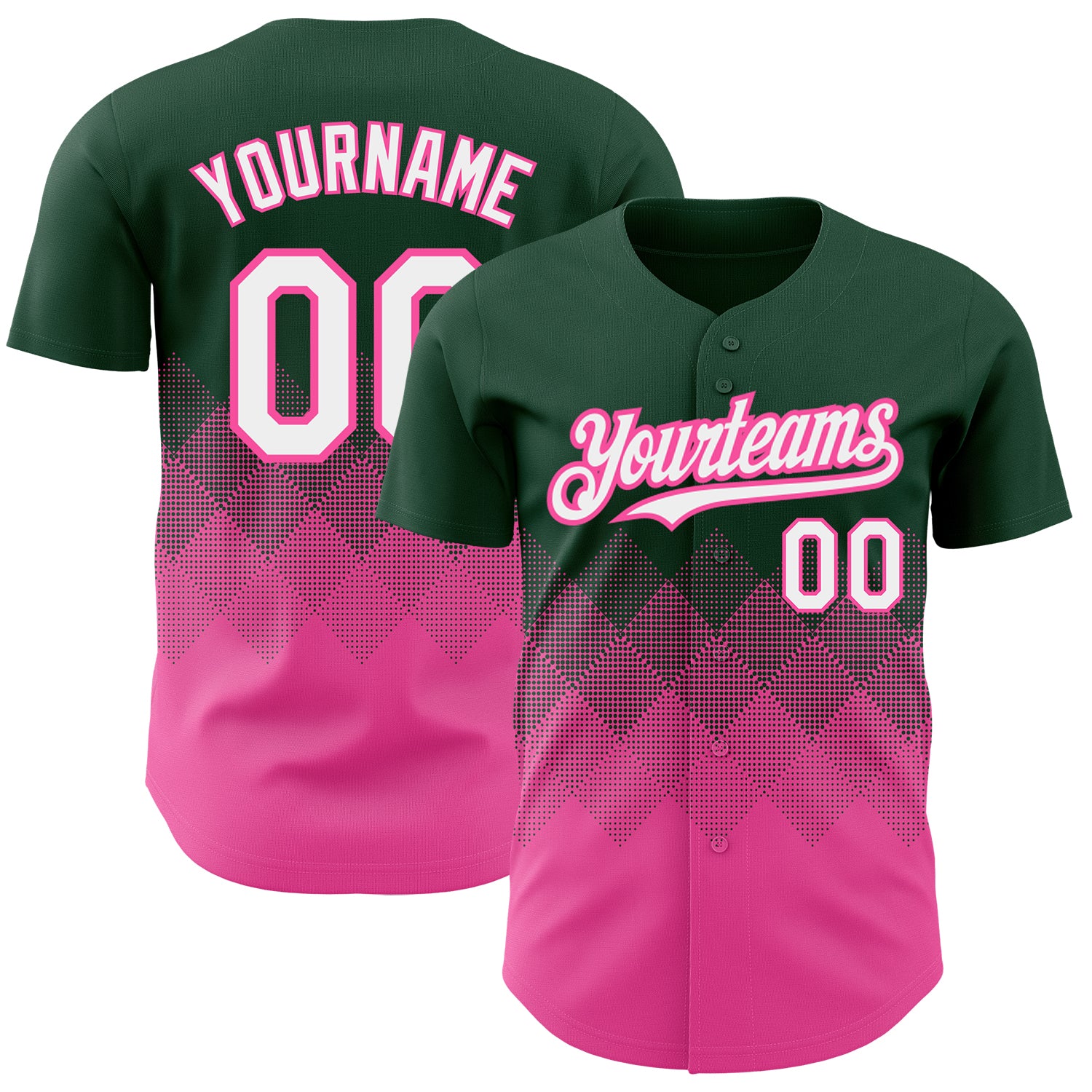 Custom Name and Number Baseball Jersey - Personalized Gradient Green White-Pink 3D Square Pattern Design Personalized Green