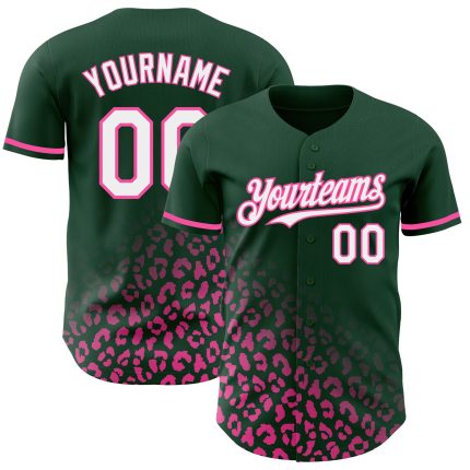 Custom Name and Number Leopard Print Fade Fashion Baseball Jersey - Personalized Green White-Pink 3D Pattern Design Personalized
