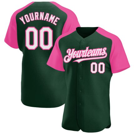 Custom Name and Number Baseball Jersey - Personalized Green White-Pink Authentic Raglan Sleeves Personalized Green White-Pink