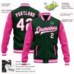 Custom Name Number Varsity Jacket Green White Pink Bomber Full-Snap Two Tone Letterman for Team Personalized Green White-Pink