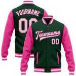 Custom Name Number Varsity Jacket Green White Pink Bomber Full-Snap Two Tone Letterman for Team Personalized Green White-Pink