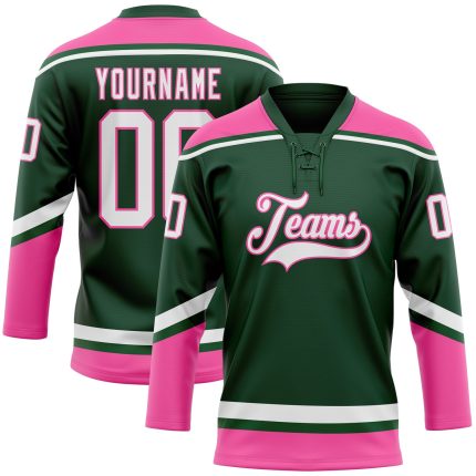 Custom Hockey Jersey with Personalized Name and Number - Green White-Pink Lace Neck Design Personalized Green White-Pink
