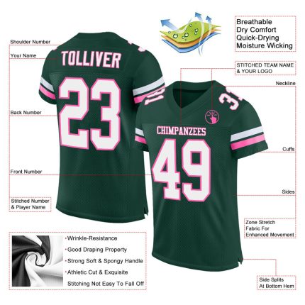 Custom Authentic Football Jersey with Personalized Name & Number - Green White-Pink Mesh Team Apparel Personalized Green