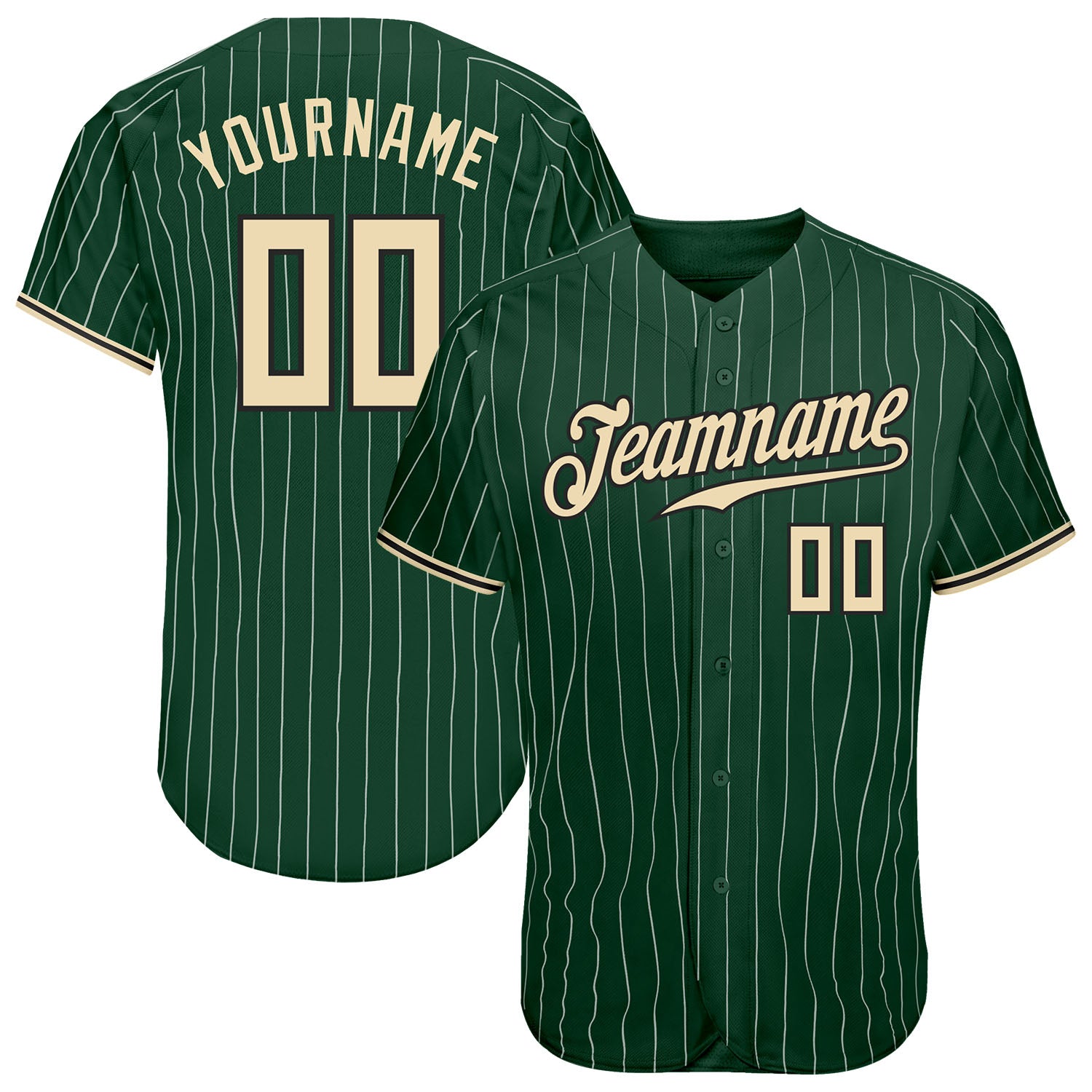 Custom Name Number Authentic Baseball Jersey - Personalized Green White Pinstripe Cream-Black Design Personalized Green White