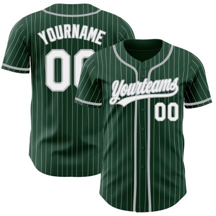 Custom Name and Number Authentic Baseball Jersey - Personalized Green White Pinstripe Gray Design Personalized Green White
