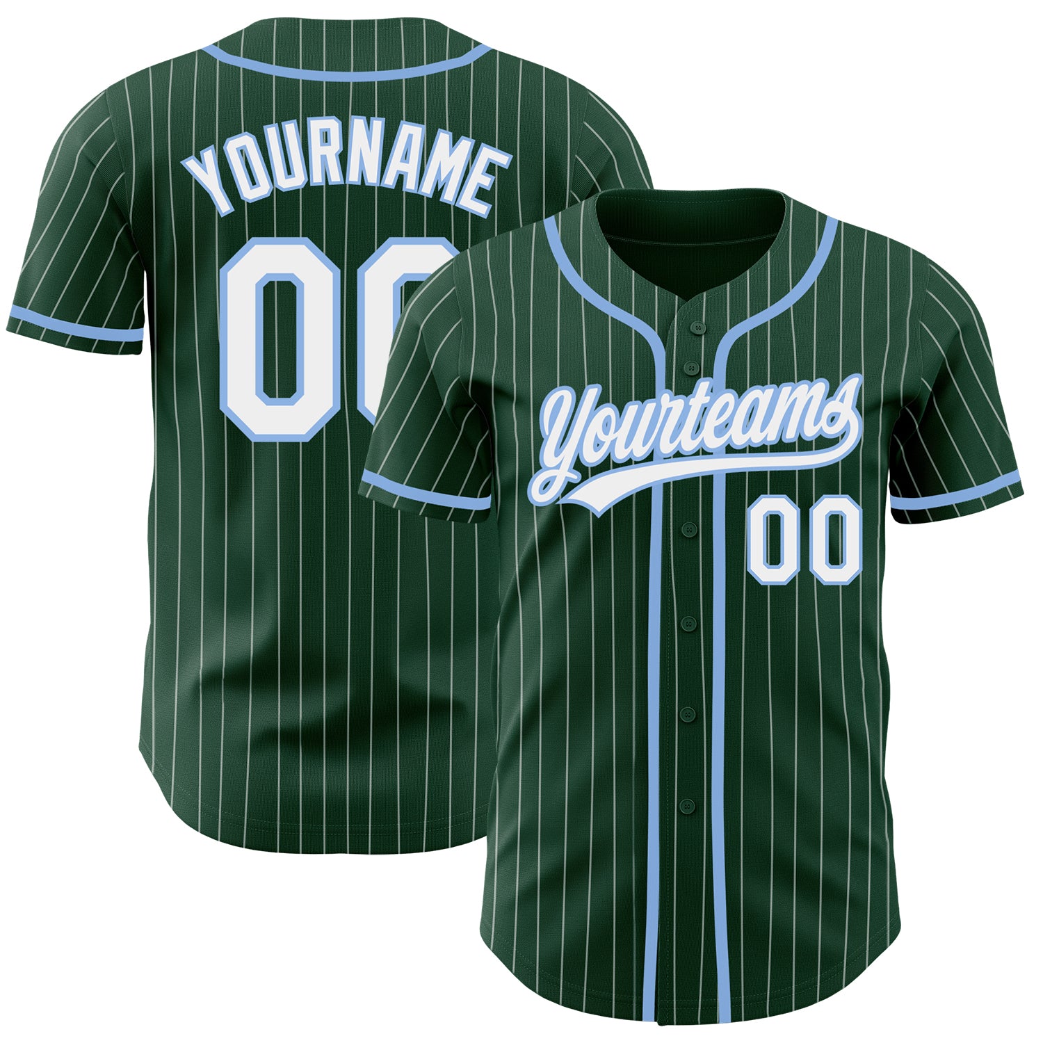 Custom Name and Number Authentic Baseball Jersey - Personalized Green White Pinstripe Light Blue Personalized Green White