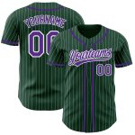 Custom Personalized Baseball Jersey - Green White Pinstripe with Purple Design, Team Name & Number Personalized Green White