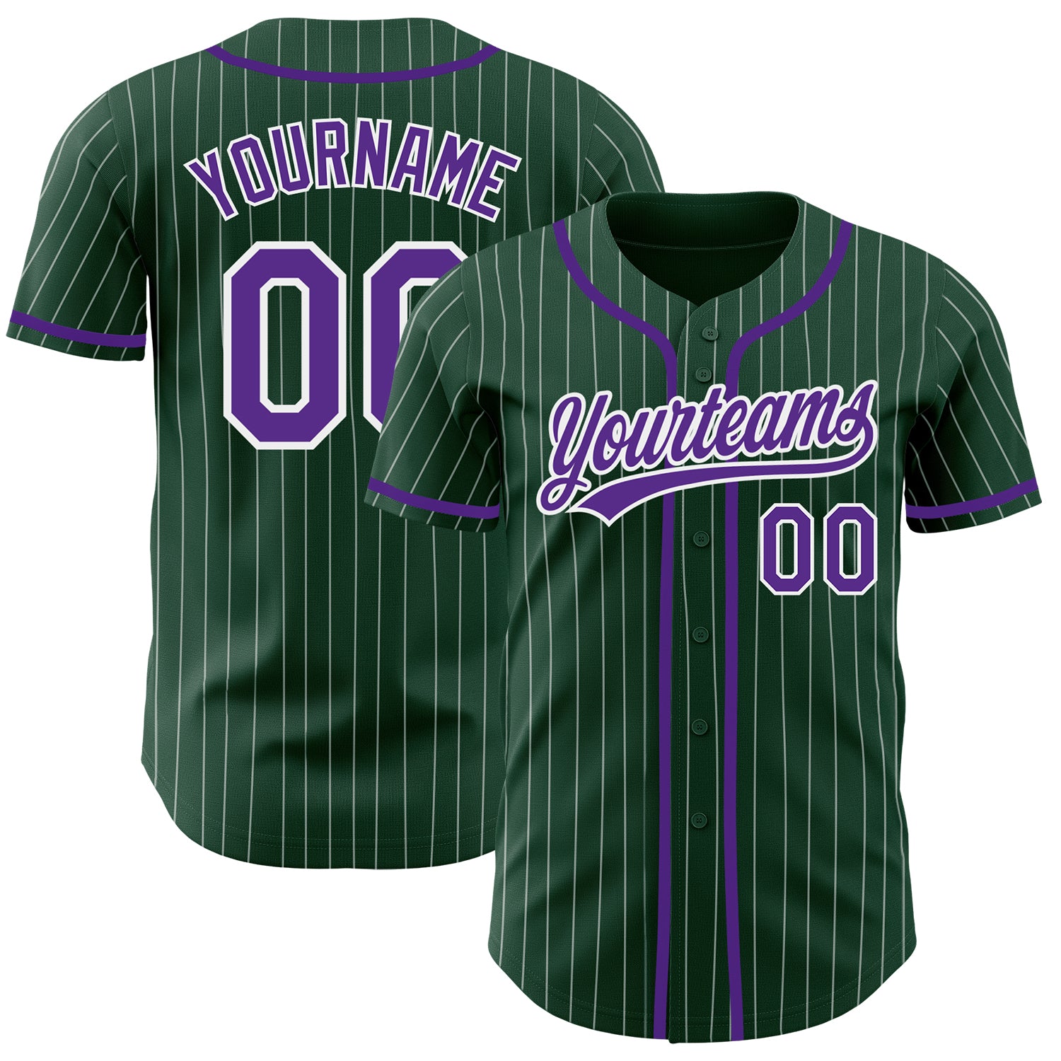 Custom Personalized Baseball Jersey - Green White Pinstripe with Purple Design, Team Name & Number Personalized Green White