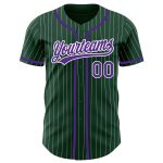 Custom Personalized Baseball Jersey - Green White Pinstripe with Purple Design, Team Name & Number Personalized Green White