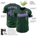 Custom Personalized Baseball Jersey - Green White Pinstripe with Purple Design, Team Name & Number Personalized Green White