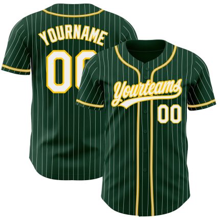 Personalized Green White Pinstripe Authentic Baseball Jersey with White-Gold Trim Personalized Green White Pinstripe White-Gold