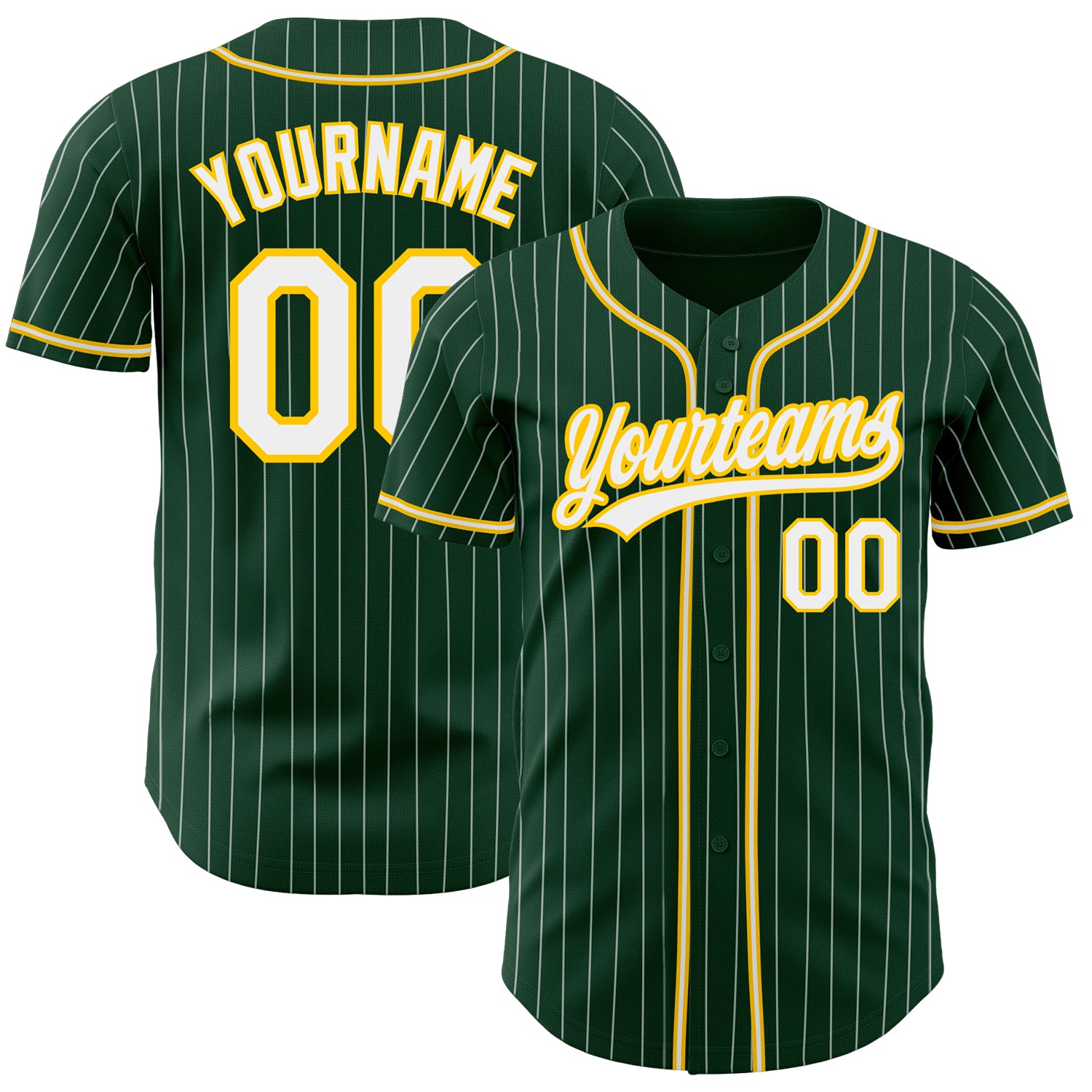 Personalized Green White Pinstripe Authentic Baseball Jersey with White-Gold Trim Personalized Green White Pinstripe White-Gold