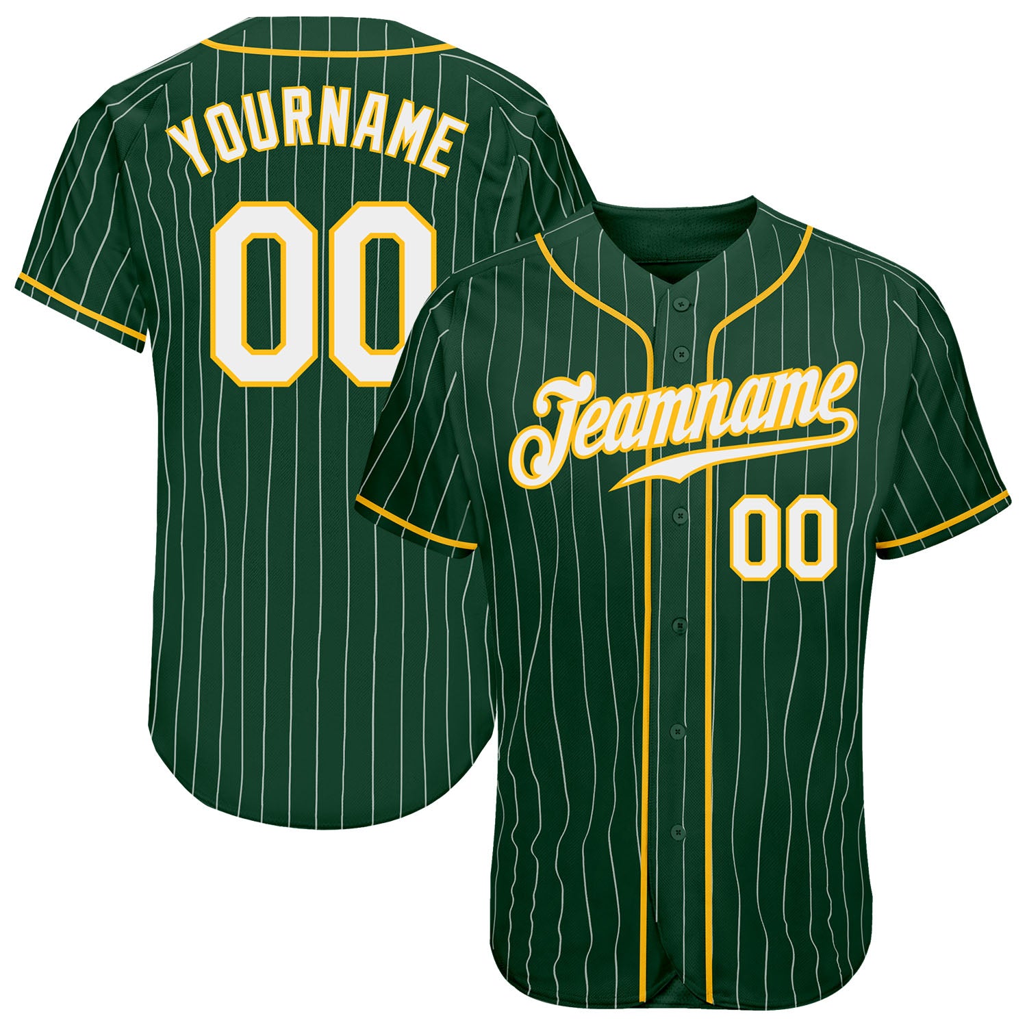 Custom Name and Number Personalized Green White Pinstripe Baseball Jersey - Authentic White-Gold Team Jersey Personalized