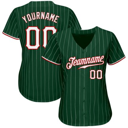 Custom Authentic Baseball Jersey with Personalized Name and Number in Green White Pinstripe Design Personalized Green White