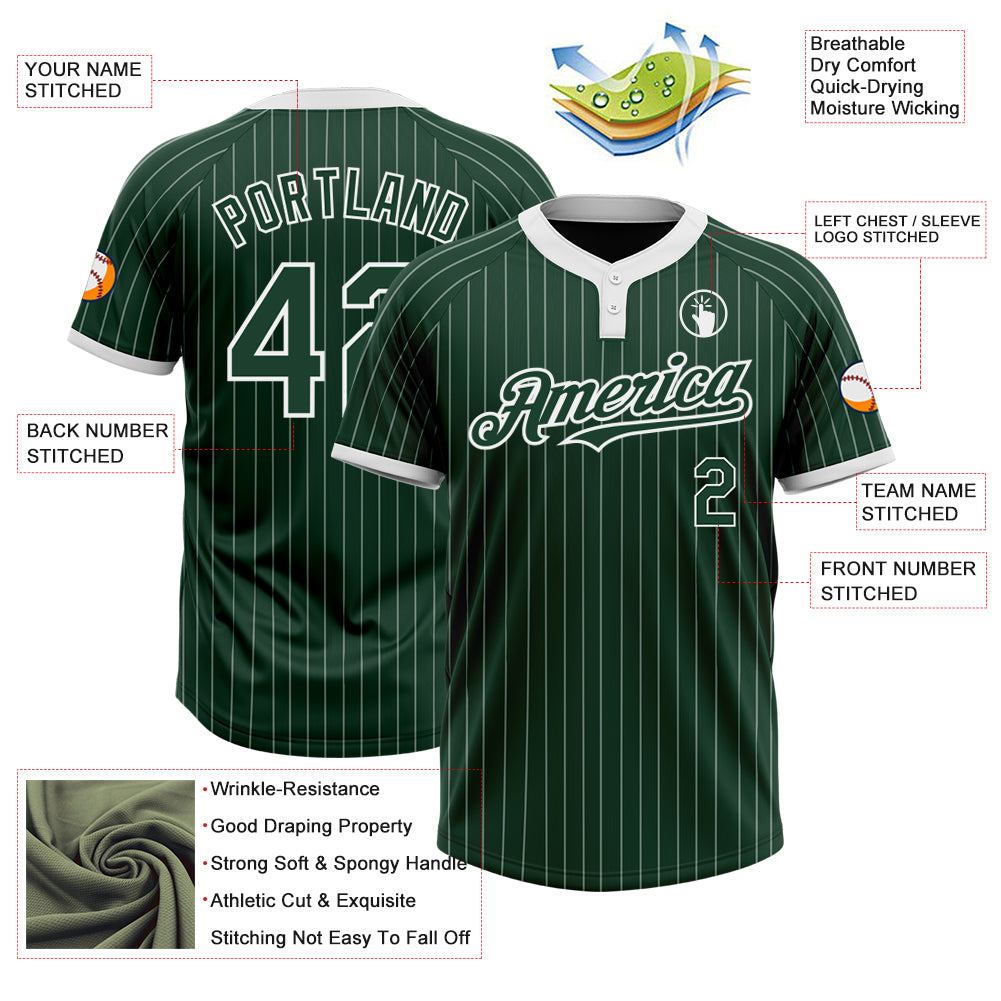 Personalized Green White Pinstripe White Two-Button Unisex Softball Jersey Team Custom Name and Number Custom Unisex Softball Jersey with Personalized Name and Number - Green White Pinstripe Two-Button Design Personalized Green - Image 3