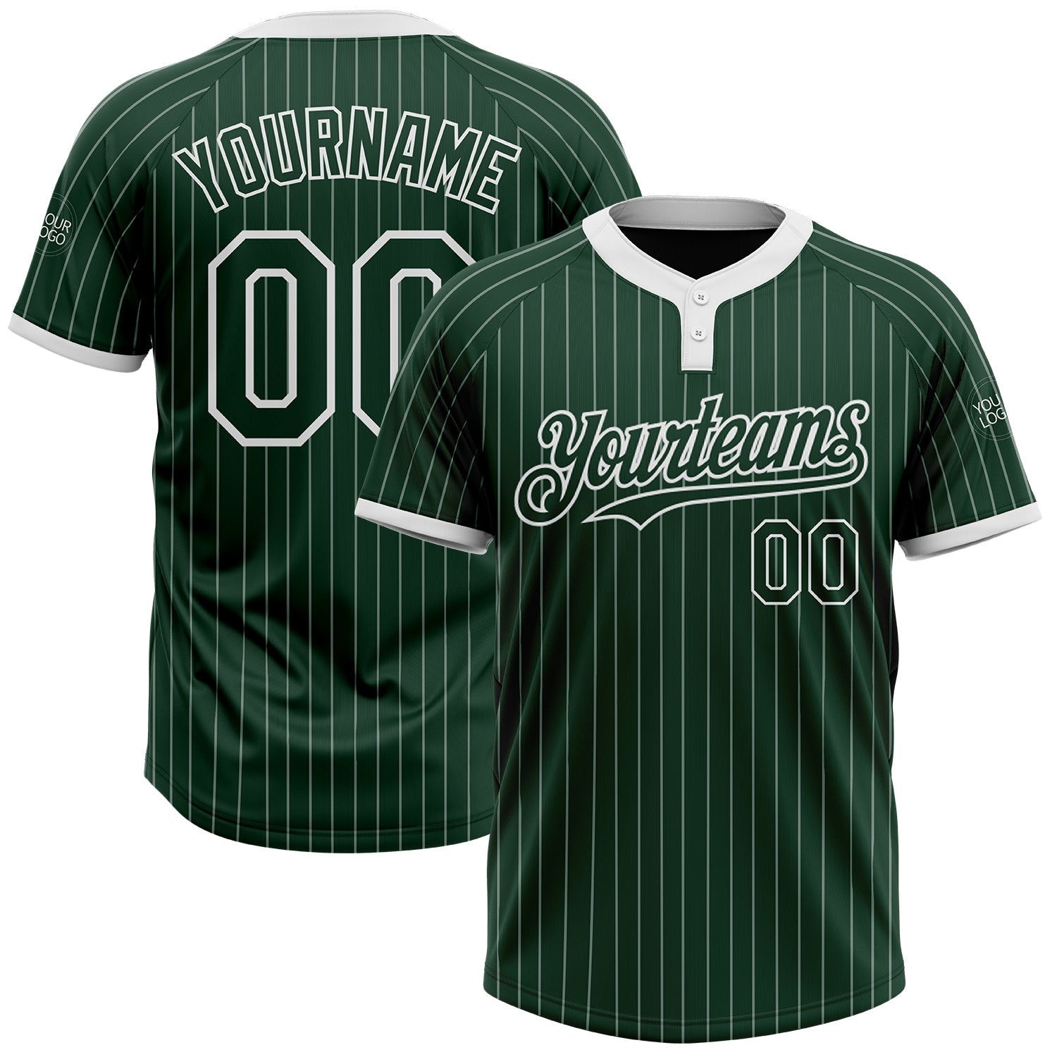 Custom Unisex Softball Jersey with Personalized Name and Number - Green White Pinstripe Two-Button Design Personalized Green
