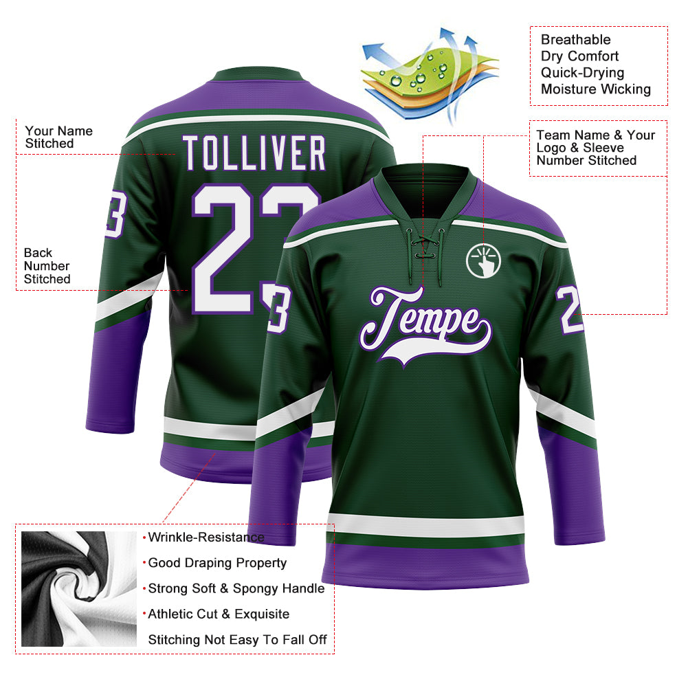 Personalized Green White-Purple Hockey Lace Neck Jersey Team Custom Name and Number Customizable Green White Purple Hockey Jersey with Personalized Name and Number Personalized Green White-Purple Hockey Lace - Image 3