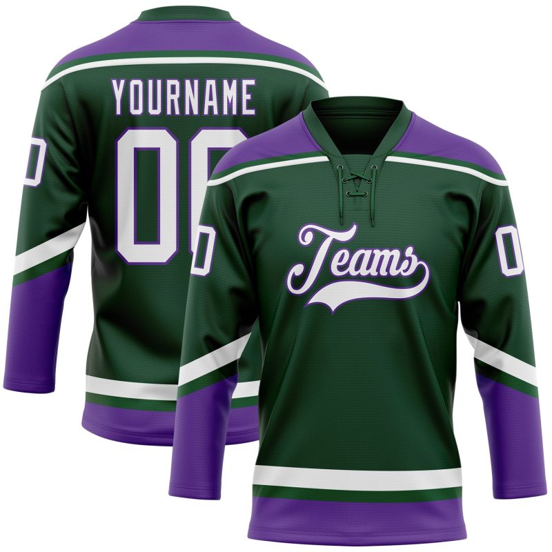 Customizable Green White Purple Hockey Jersey with Personalized Name and Number Personalized Green White-Purple Hockey Lace