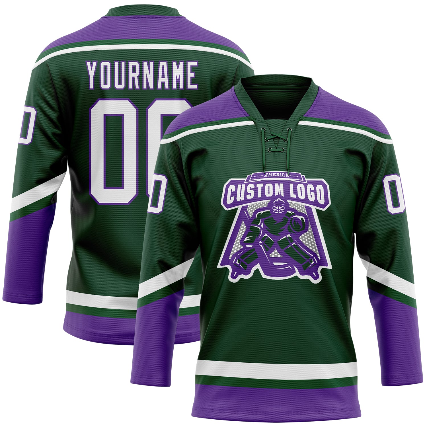 Personalized Green White-Purple Hockey Lace Neck Jersey Team Custom Name and Number Customizable Green White Purple Hockey Jersey with Personalized Name and Number Personalized Green White-Purple Hockey Lace - Image 2