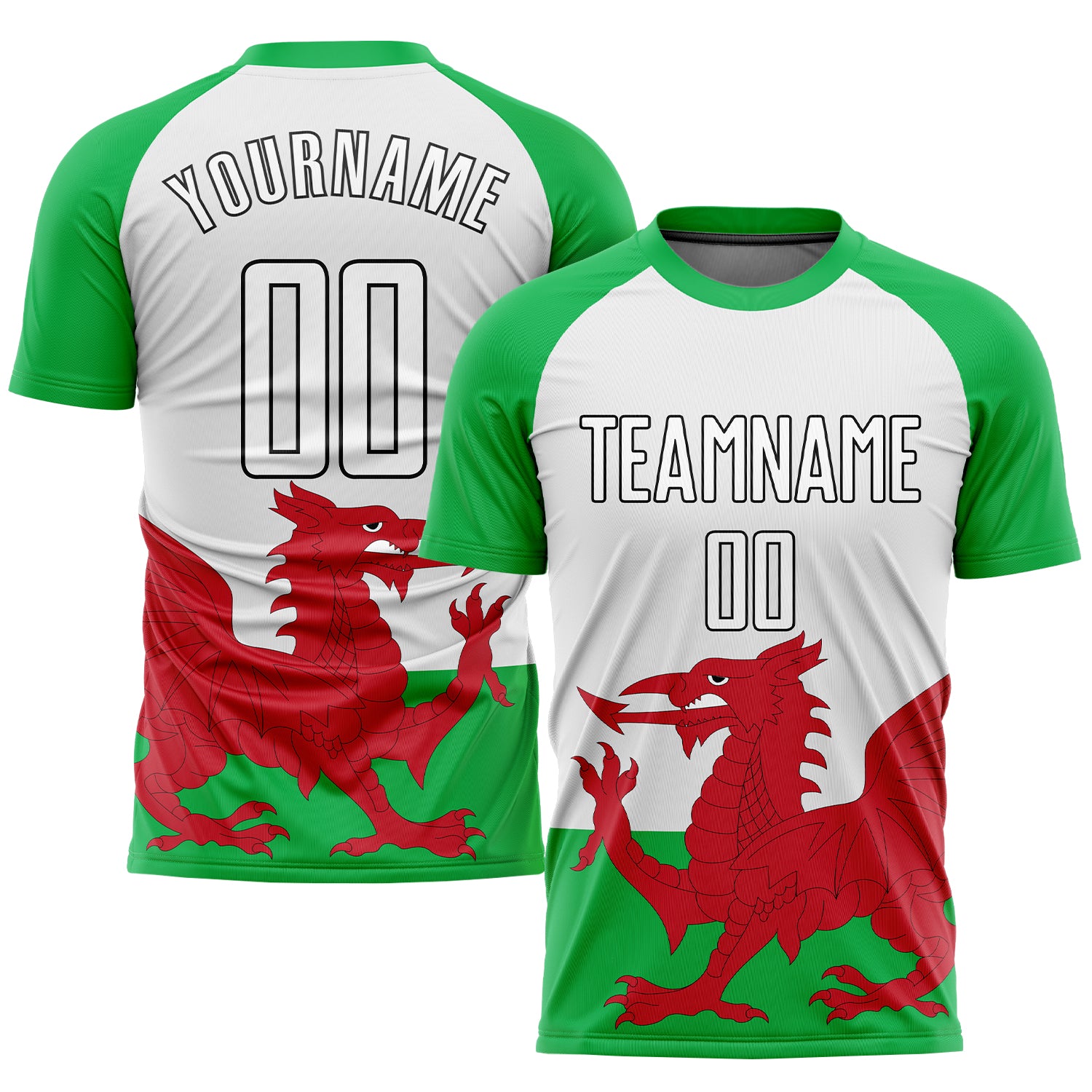 Custom Welsh Flag Soccer Jersey - Personalized Green, White, Red & Black Uniform with Name and Number Personalized Green