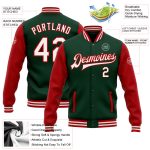 Customizable Bomber Varsity Letterman Jacket with Team Name and Number in Green, White, and Red - Full-Snap Two-Tone Design
